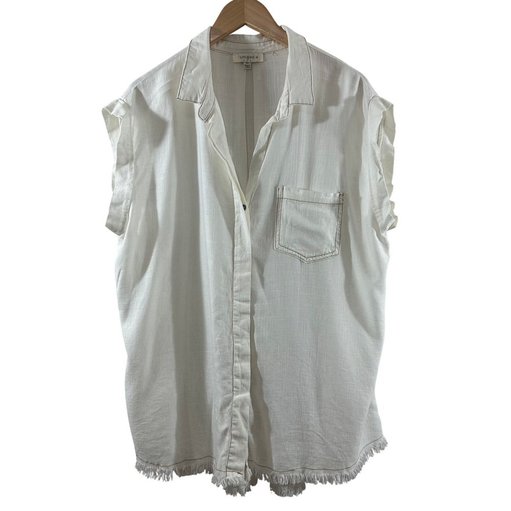 Umgee + Womens 1XL White Linen Cotton‎ Frayed Hem Sleeveless Button Down